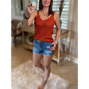 “Spring Fling” Sexy Low Double V Neck Back Sleeveless Dressy Sweater Tank Rust