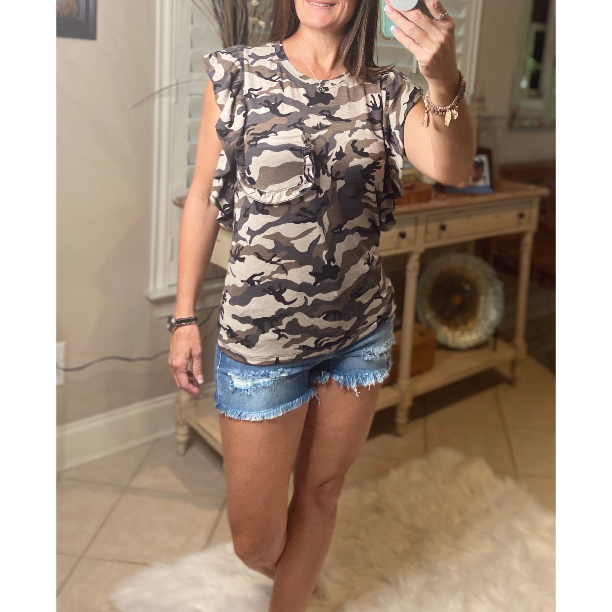 “She’s ALL Girl” Camouflage Ruffle Pocket Short Cap Sleeve Crew Neck Floaty Dressy Tank Top Gray