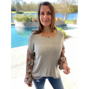 Woven Waffle Bishop Bubble Floral Contrast Long Sleeve Top Gray S/M/L