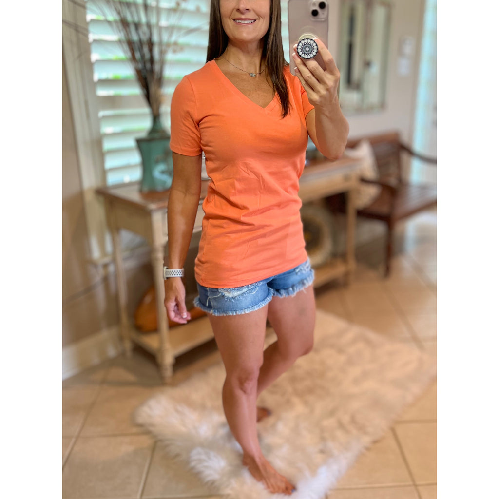 Very Sexy Loose Floaty V-Neck Boyfriend Boxy Tee Shirt Coral Orange S/M/L/XL