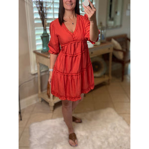 “Say You Won’t Let Go” Boho Tiered Ruffle Trim V Neck Half Sleeve Western Peasant Babydoll Dress Rust