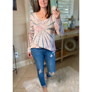 “Sunday Afternoon” Tie Dye French Terry V-Neck Long Sleeve Floaty Light Pink