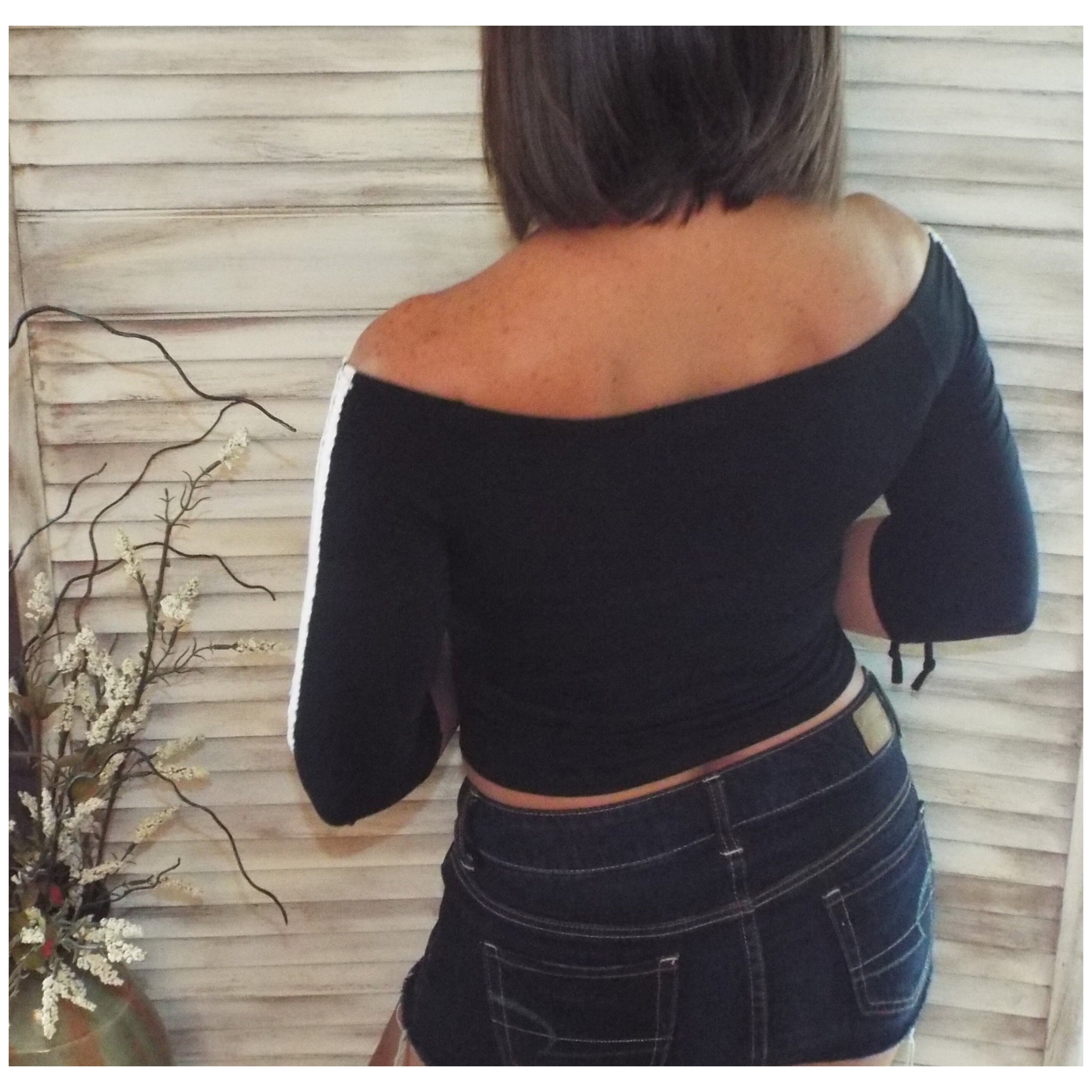 Sexy Off Shoulder Sporty Contrast Striped Tie Sleeve Semi Cropped Top Black