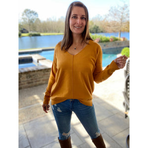 “When You’re Next To Me” Oversized Sweater V Neck Split Side Banded Bottom Mustard