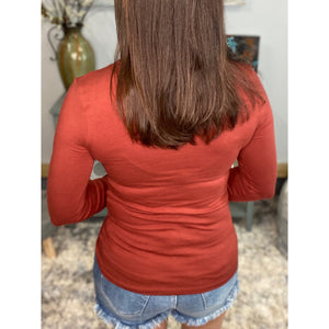 “Easygoing” Slimming V-Neck Low Cut L/S Tissue Basic Baby Shirt Top Dk Rust S/M/L