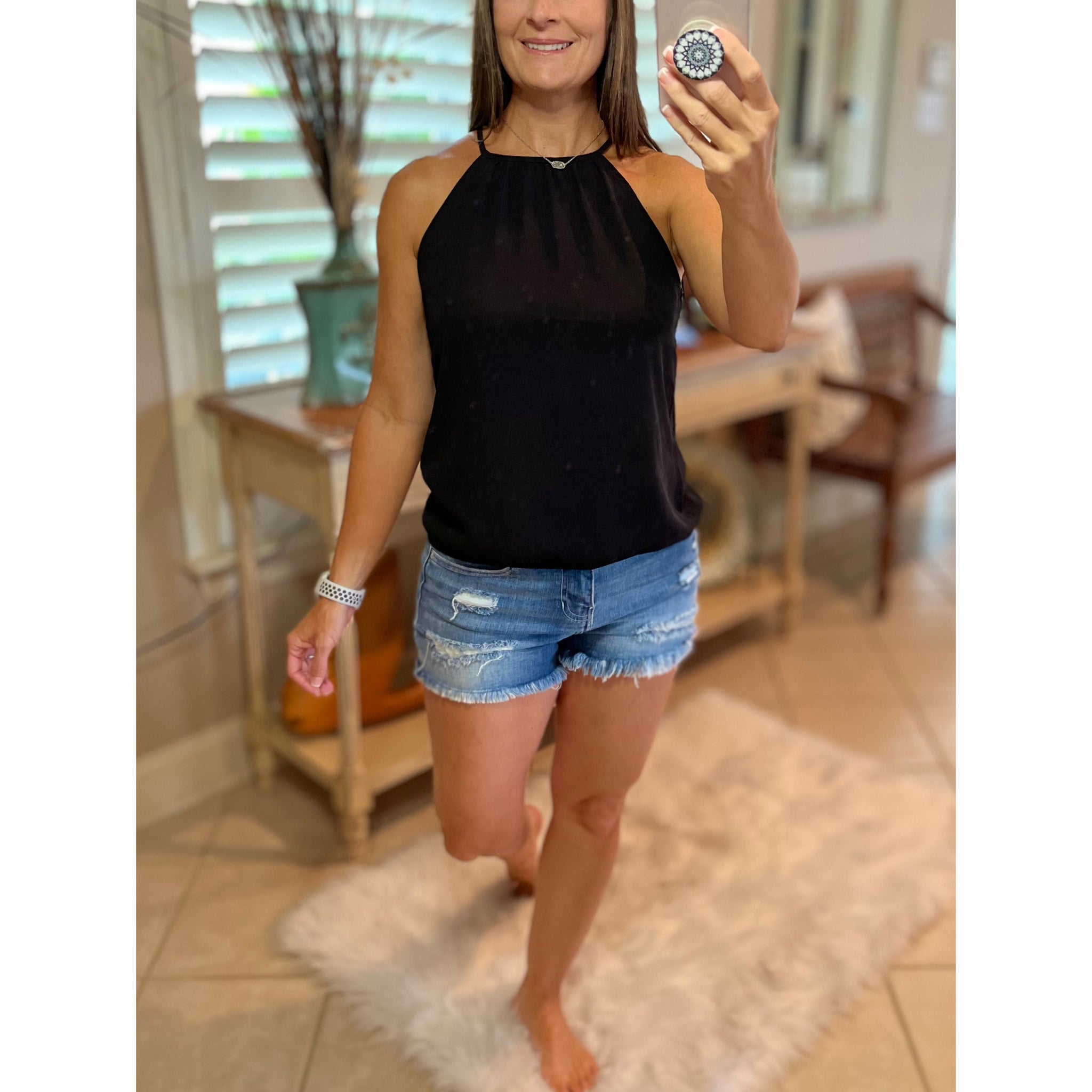 Chiffon Halter Top Black Multi Keyhole Banded Bottom Tank Cami Sexy Summer Light