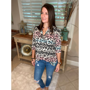 “Don’t Fight It” Gabby Leopard Ombré Print V-Neck Tunic Flowy Boxy Charcoal