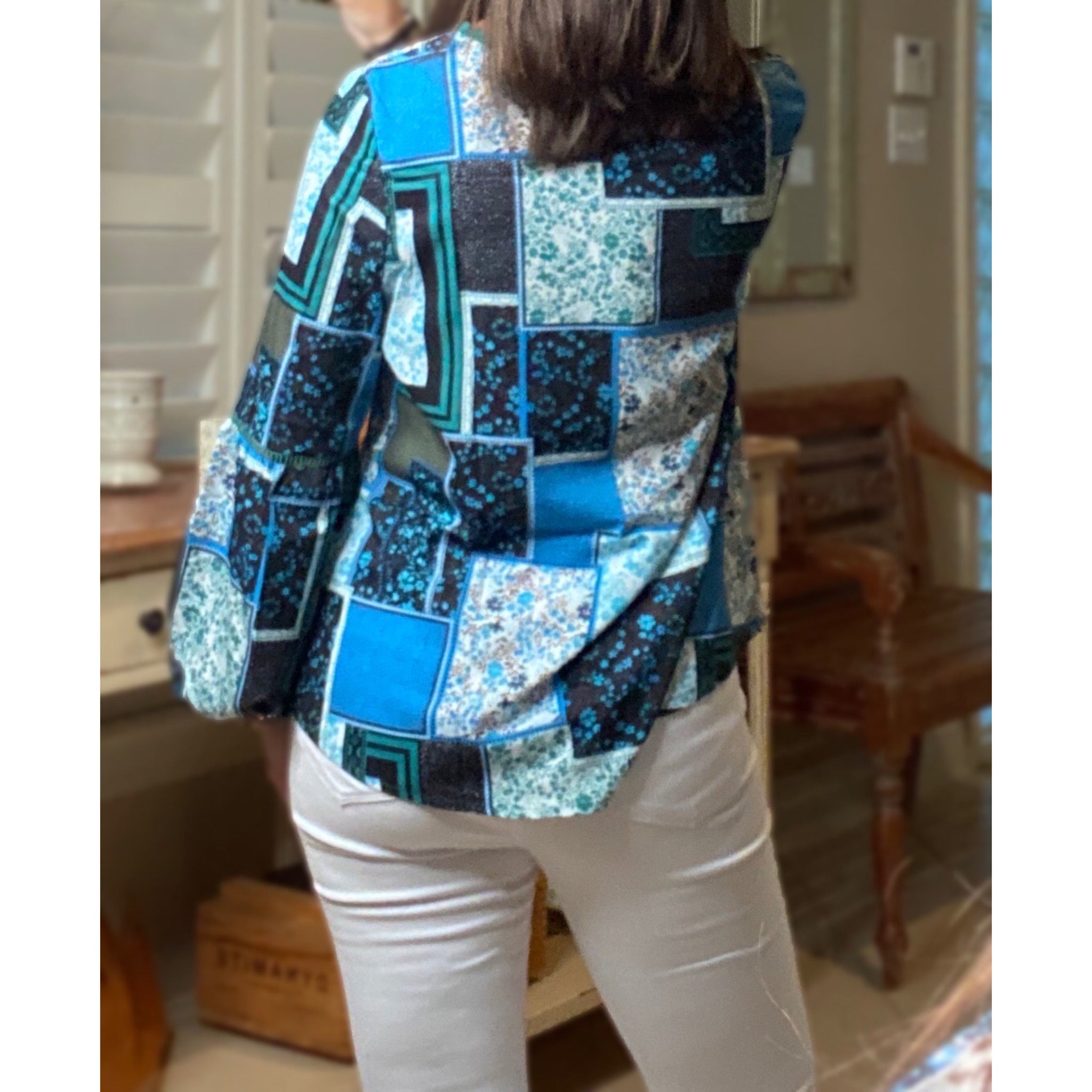 “I Have the Blues” Bohemian Floral Patchwork Print High Neck Boho Dressy Top Blue