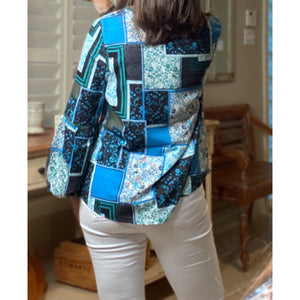 “I Have the Blues” Bohemian Floral Patchwork Print High Neck Boho Dressy Top Blue