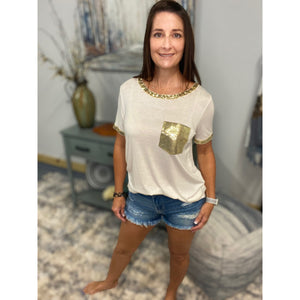 Very Sexy Sequined Neck Sleeves Pocket Scoop Neck Top Shirt Tee White S/M/L