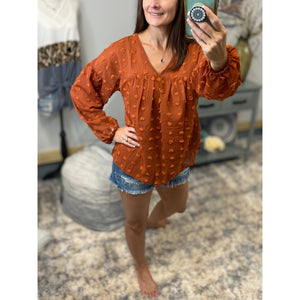 “Harvest Festival” Swiss Dot Long Bubble Sleeve V-Neck Floaty Top Rust