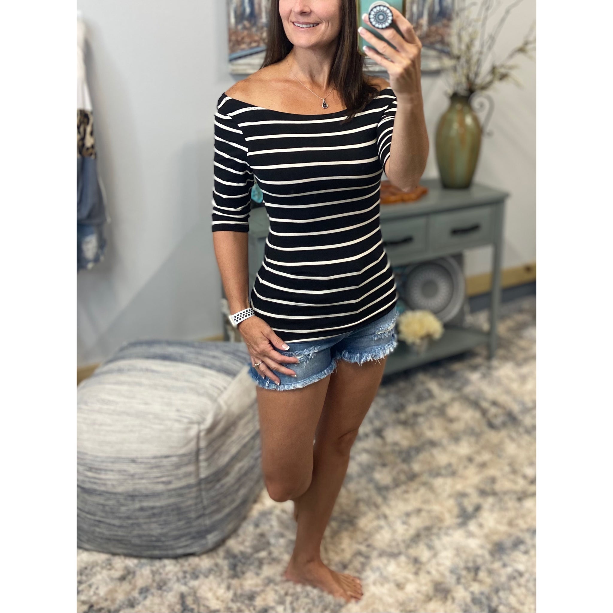 Boat Neck Preppy Striped Rugby Open Shoulder 3/4 Shirt Top Black