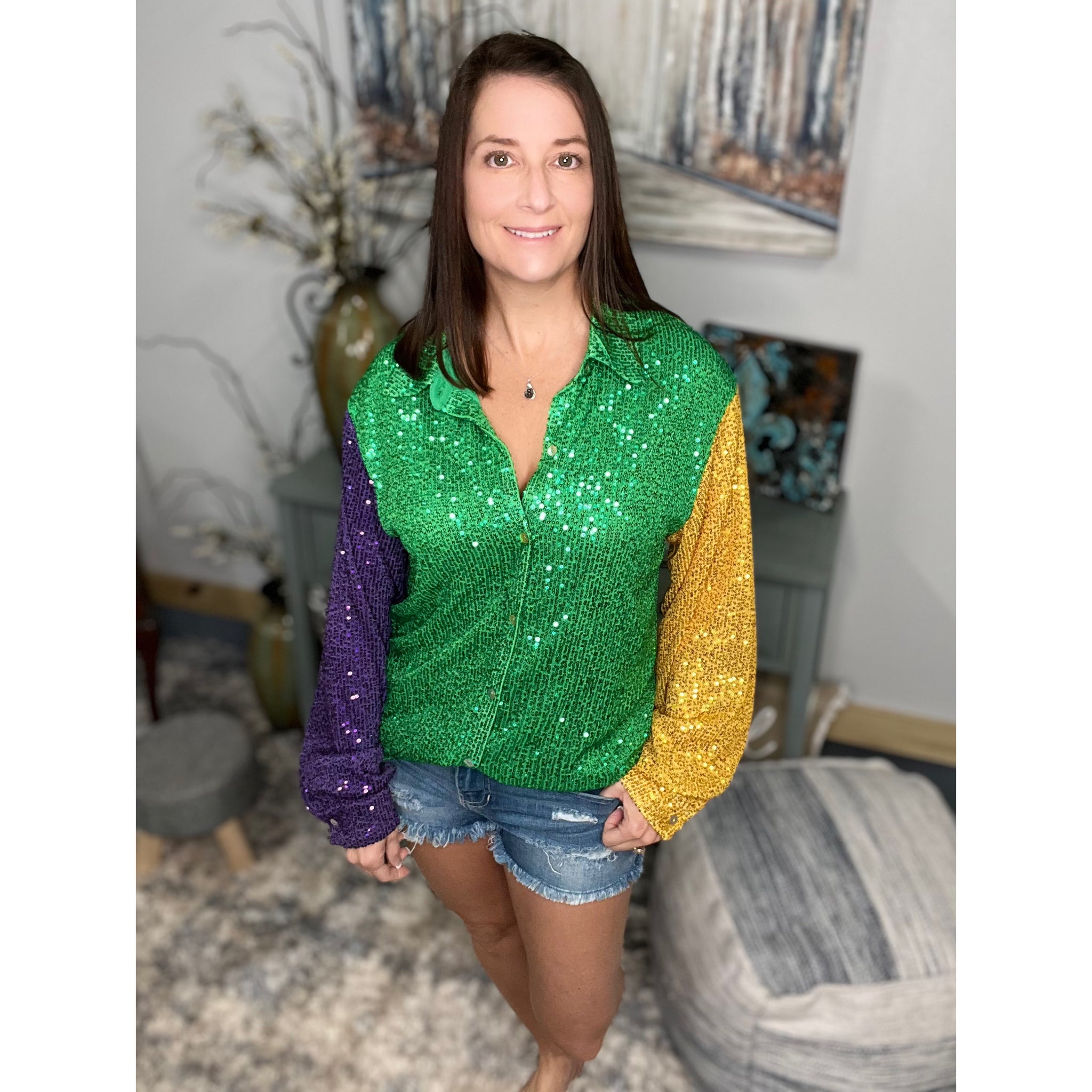 “The Krewe” Mardi Gras Sequined Color Block Balloon Sleeves Button Up Shacket Parade Purple Green & Gold