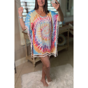 “Beach Bound” Tie Dye Chic Boho Tassel Hem Beach Mini Cover Up Vibrant One Size