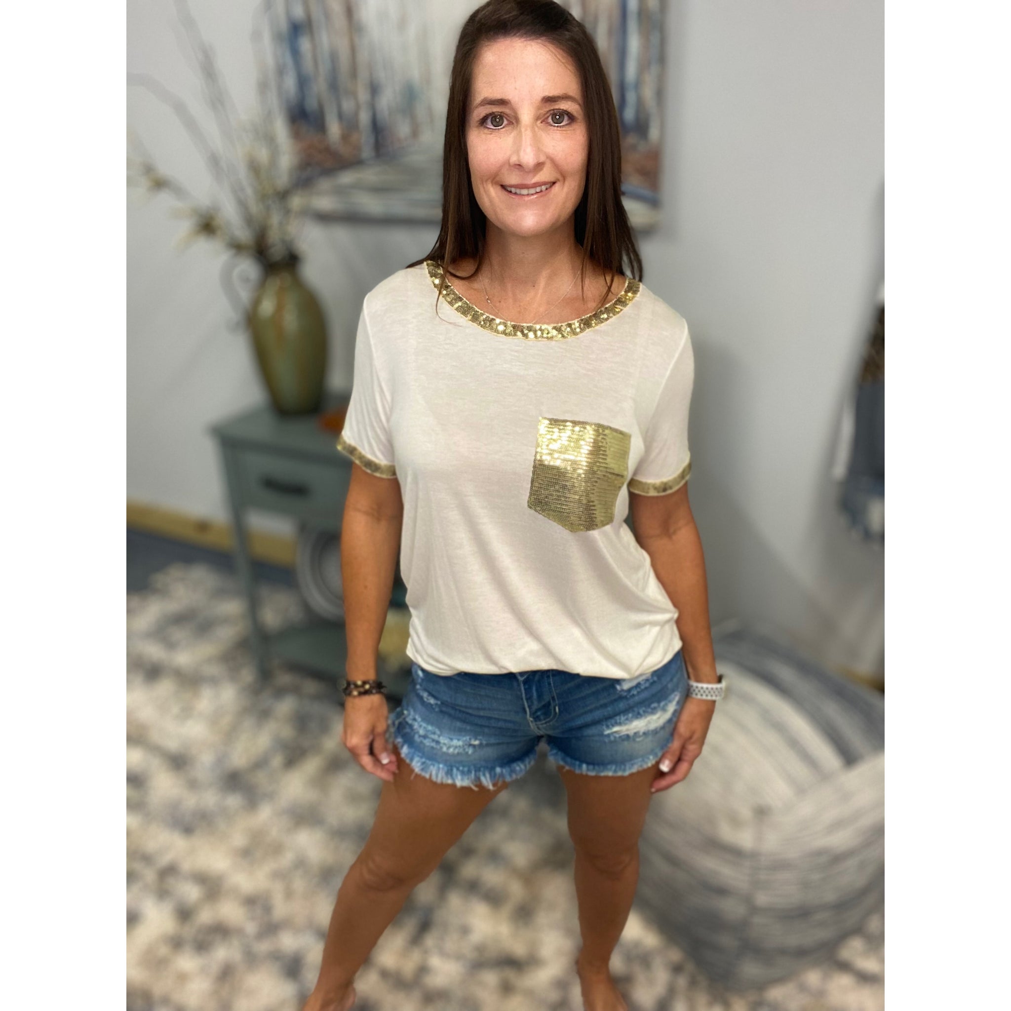 Very Sexy Sequined Neck Sleeves Pocket Scoop Neck Top Shirt Tee White S/M/L