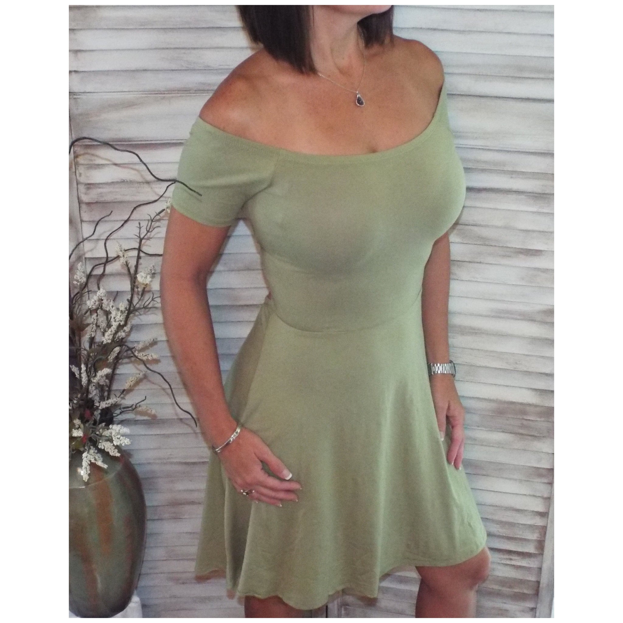 Sexy Off Shoulder Cross Back A-Line Short Sleeve Flare Dress Sage Green S/M/L