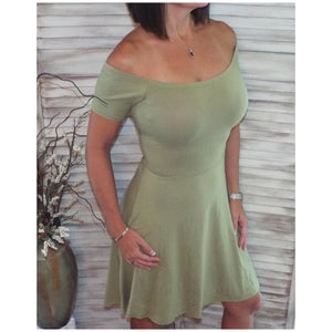 Sexy Off Shoulder Cross Back A-Line Short Sleeve Flare Dress Sage Green S/M/L