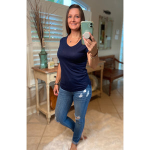 Very Sexy Sheer Burnout Melange Tissue Scoop Neck Top Shirt Tee Navy S/M/L