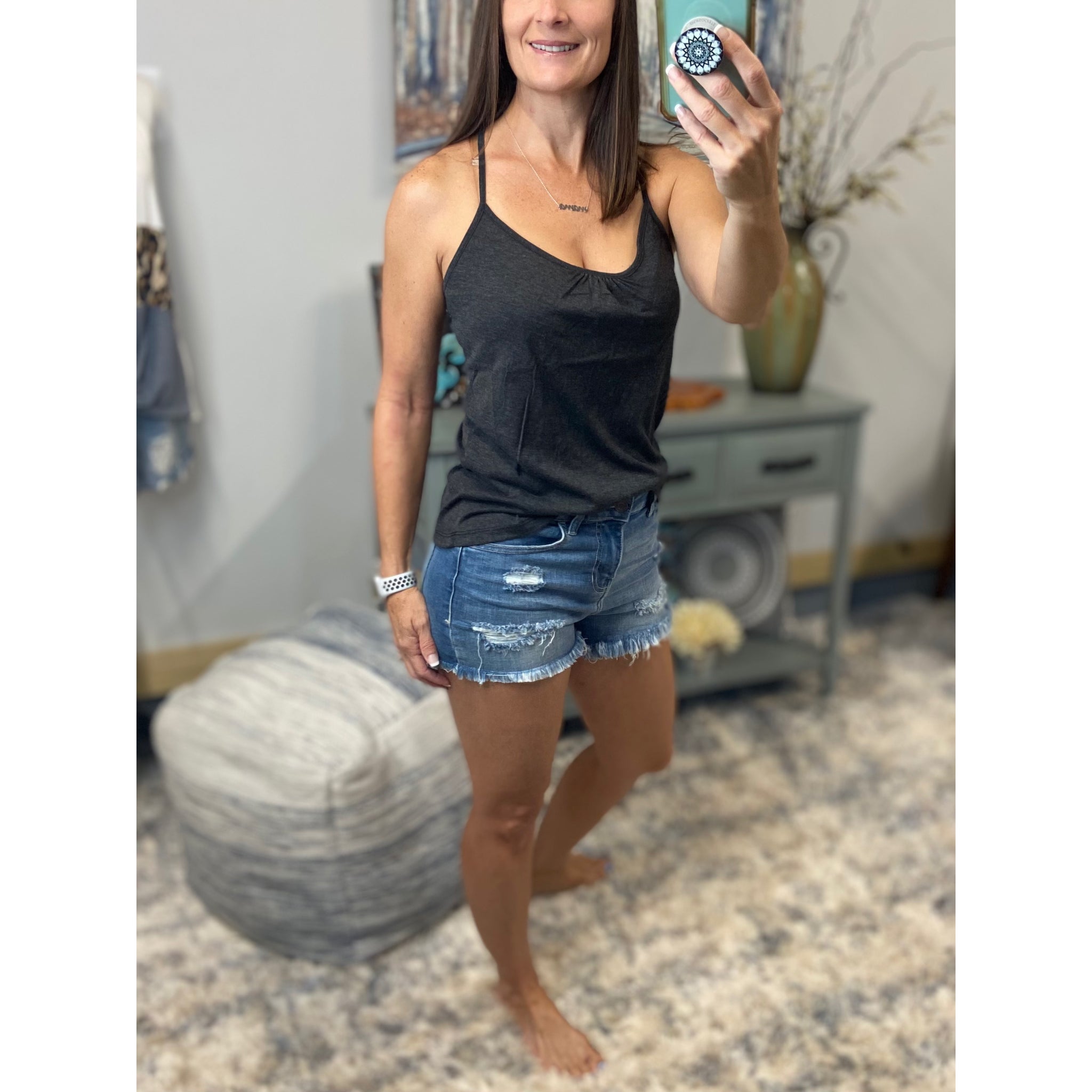 “Can’t Get Away” Low Cut Scoop Neck Mesh Racerback Shirred Tissue Tank Shirt Top Gray S/M/L
