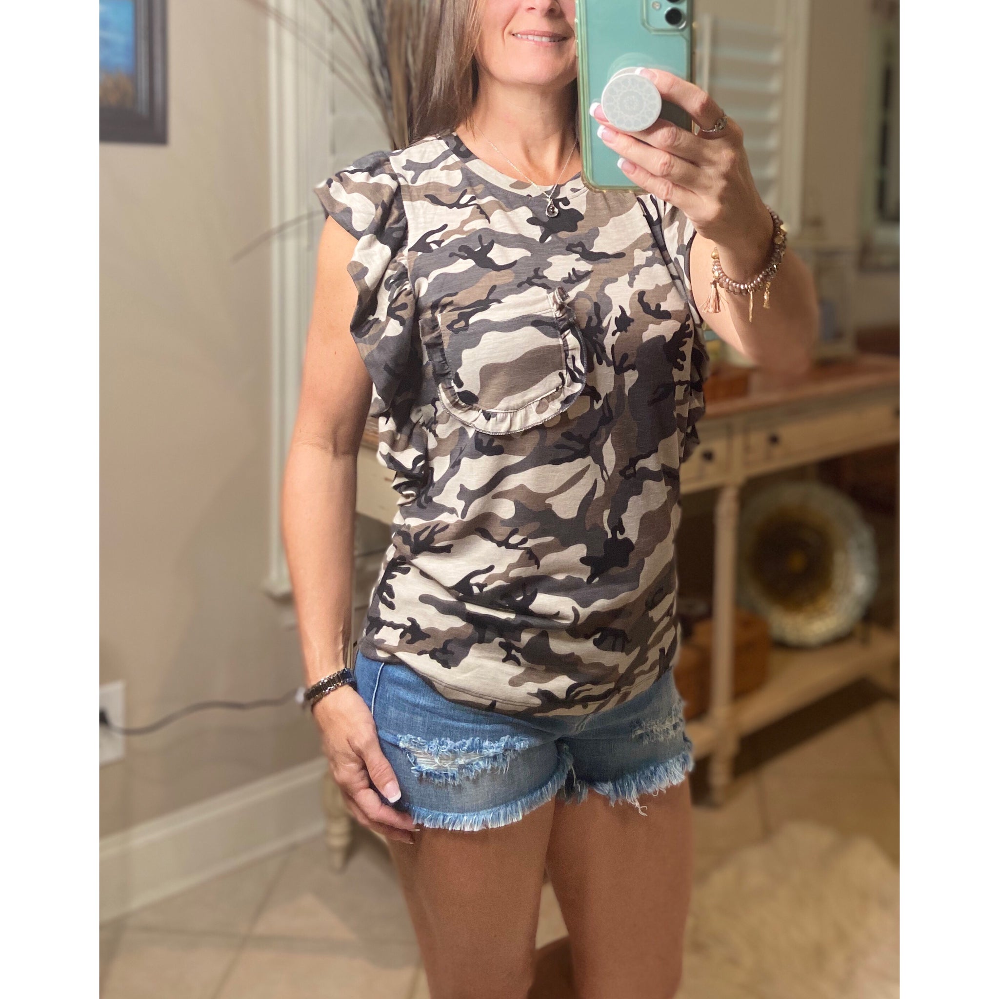 “She’s ALL Girl” Camouflage Ruffle Pocket Short Cap Sleeve Crew Neck Floaty Dressy Tank Top Gray