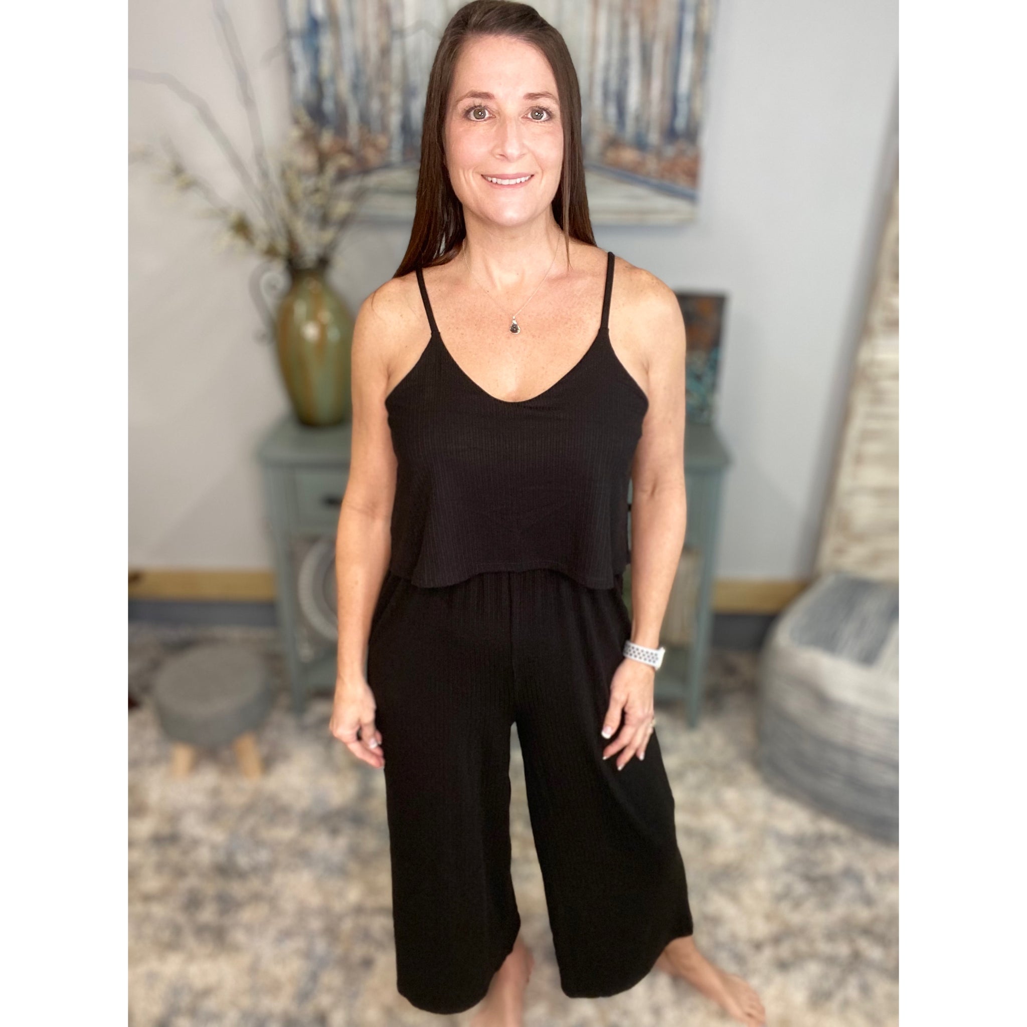 “Endless Summer” Ribbed V-Neck Sleeveless Spaghetti Strap Dressy Jumpsuit Black
