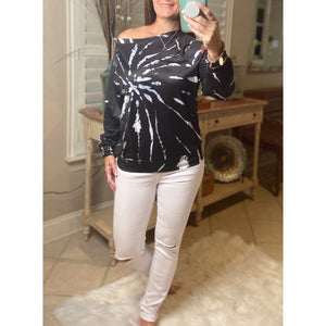 “Spiraling Out of Control” Tie Dye Spiral Off Shoulder Boat Neck Banded Bottom Sweatshirt Black