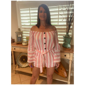 Sexy Off Shoulder Striped Button Dressy Belted Romper Shorts Pink S/M/L