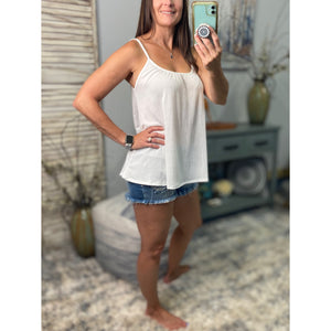 “Go With The Flow" Scoop Neck Spaghetti Strap Floaty Textured Sleeveless Summer Tank Top White