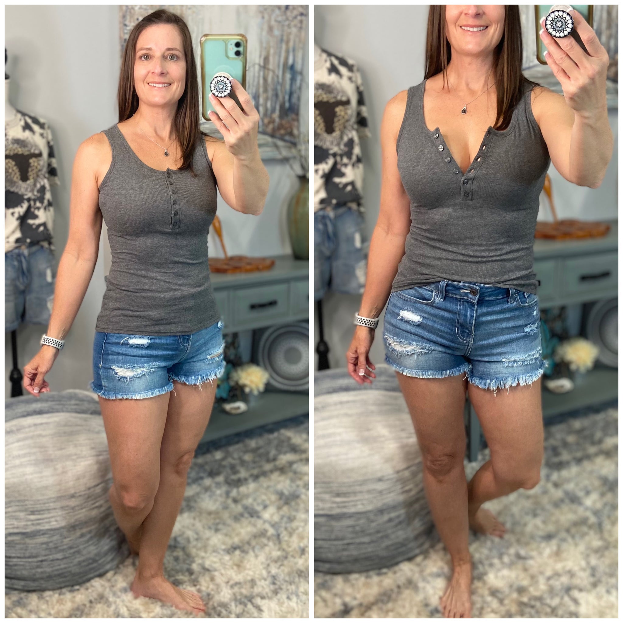 “Let The Sun Shine” Ribbed Henley Low Cut Boy Beater Cleavage Fitted Tank Top Gray