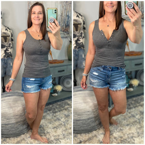 “Let The Sun Shine” Ribbed Henley Low Cut Boy Beater Cleavage Fitted Tank Top Gray