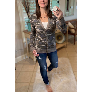 "One Fine Day" Camouflage Print Snap Front Preppy Cardigan Long Sleeve Light Military Green