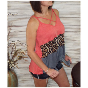 Sexy V-Neck Floaty Self Tie Animal Print Color Block Summer Tank Coral