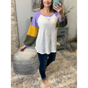“Mambo Mama” Mardi Gras Waffle Color Block Balloon Sleeve Shirt Purple Green & Gold Ivory