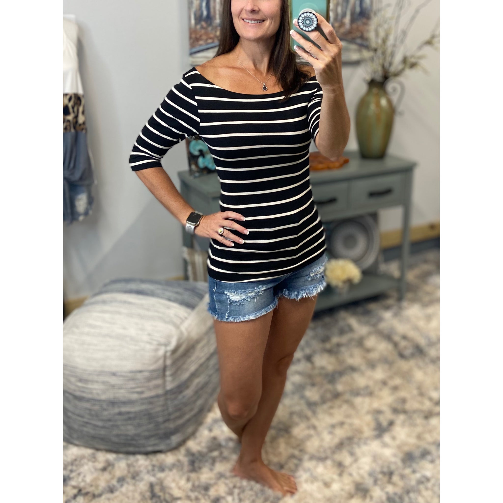 Boat Neck Preppy Striped Rugby Open Shoulder 3/4 Shirt Top Black