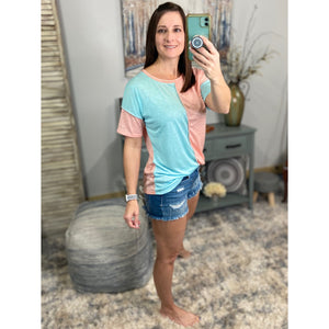 “Give It Up” Color Block Contrast Melange Round Neck Shirt Pink Mint S/M/L/XL