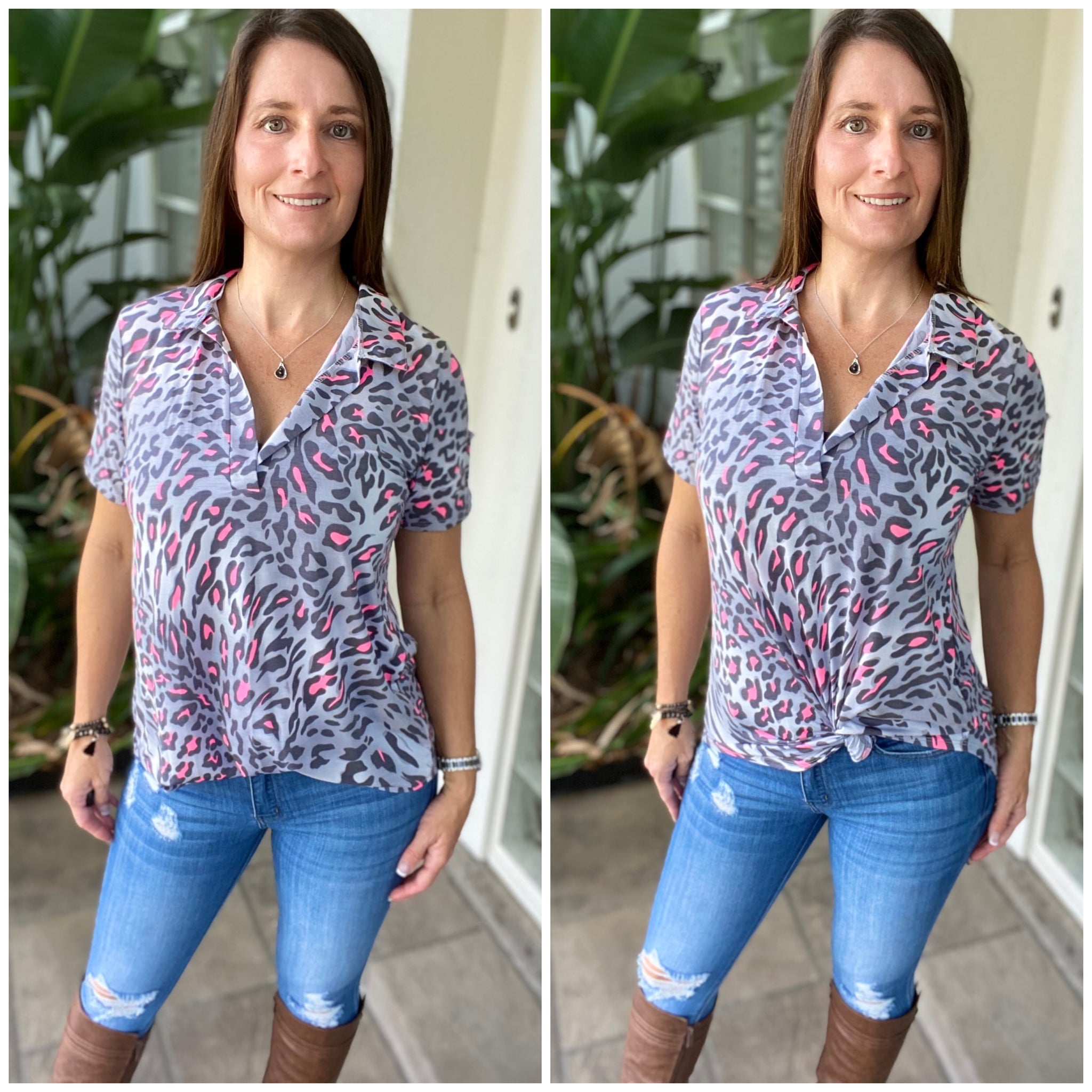 “She Is Fierce” Leopard Animal V Neck Collar Short Sleeve Tab Button Floaty Tunic Top Gray Pink