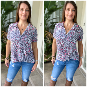 “She Is Fierce” Leopard V-Neck Collar Short Sleeve Tab Button Floaty Top Gray Pink