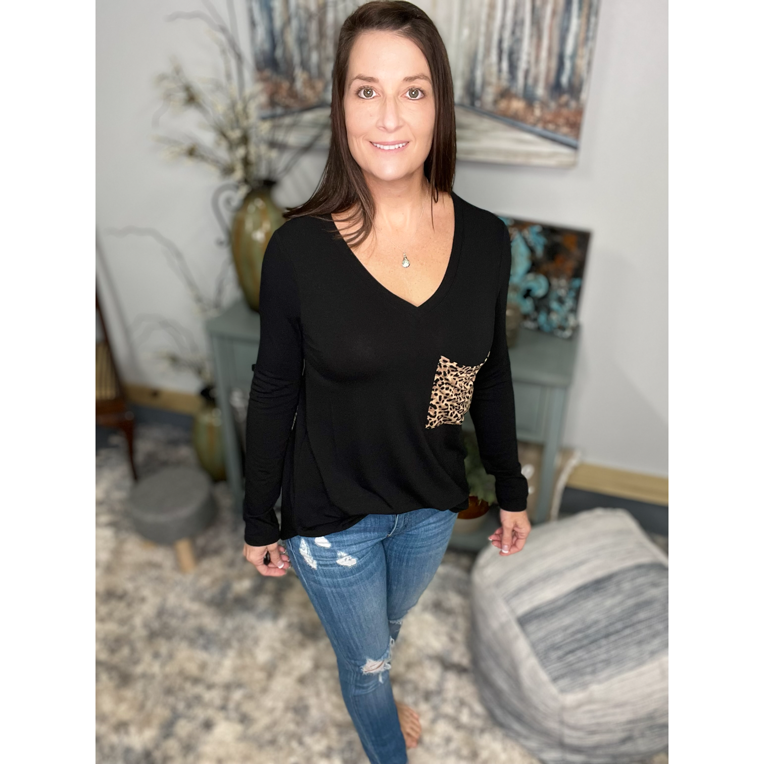“Blind Faith“ V Neck Soft Jersey Knit Floaty Animal Print Leopard Pocket Long Sleeve Black