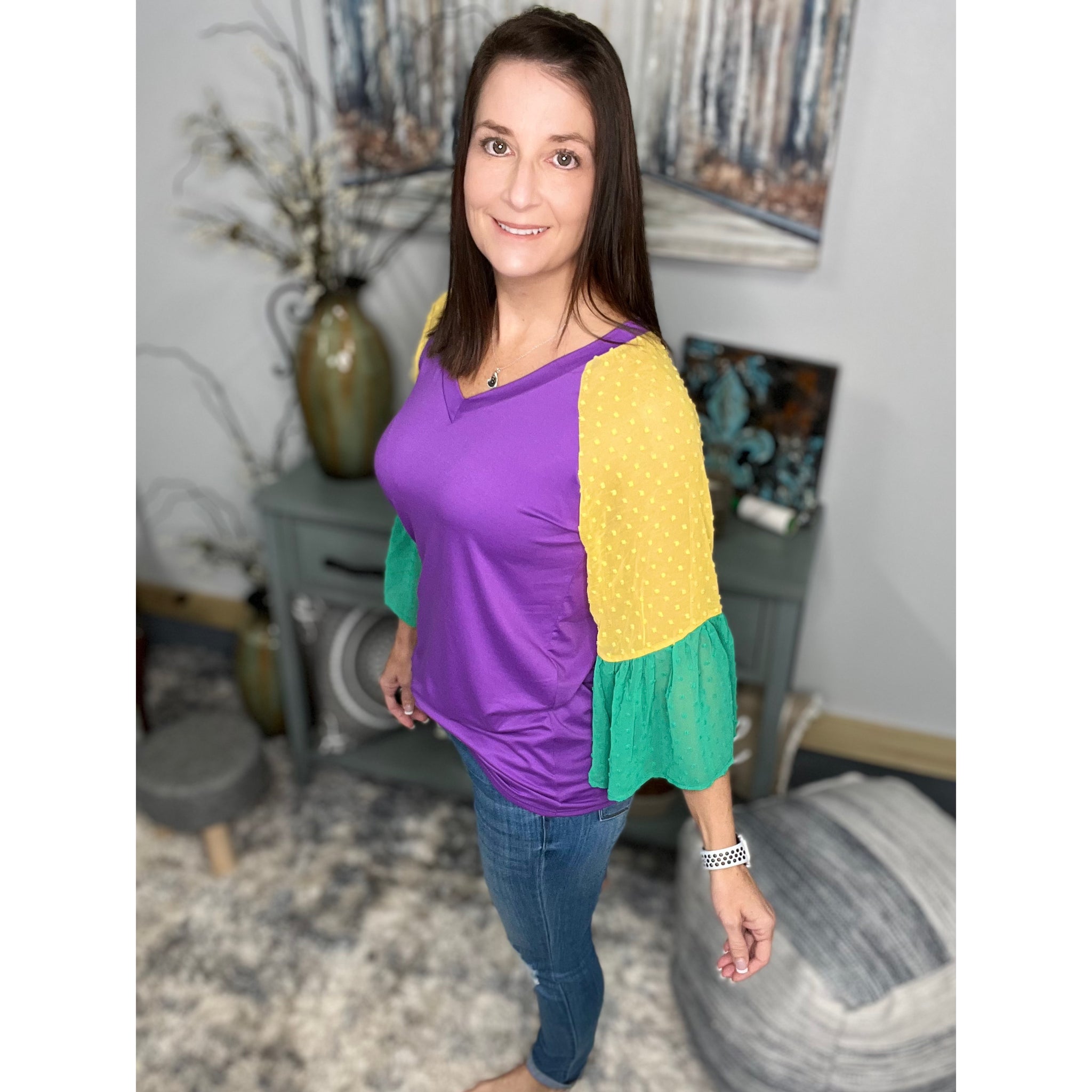 "Beads or Bust" Mardi Gras Color Block Swiss Dot Flutter Bell Sleeves V Neck Tie Bottom Shirt Purple Green & Gold