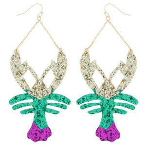 “Tail Pinchin'” Mardi Gras Crawfish Hook Drop Glitter Earrings Purple Green & Gold