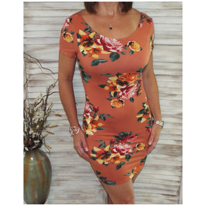 Sexy Scoop Cleavage Bodycon Country Floral Mini Tee Shirt Dress Orange S/M/L