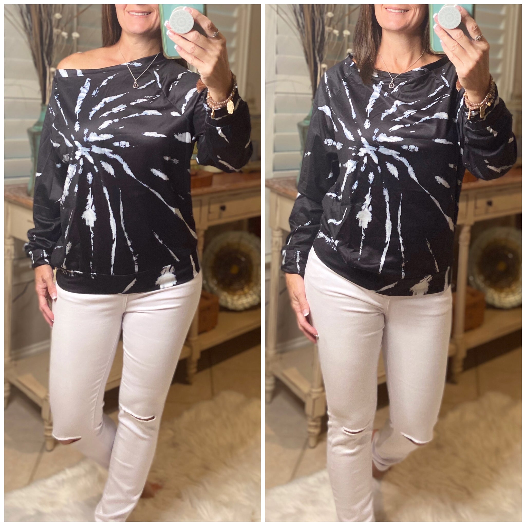 “Spiraling Out of Control” Tie Dye Spiral Off Shoulder Boat Neck Banded Bottom Sweatshirt Black