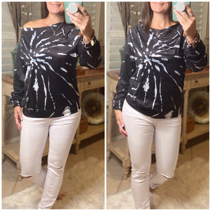 “Spiraling Out of Control” Tie Dye Spiral Off Shoulder Boat Neck Banded Bottom Sweatshirt Black