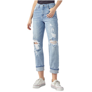 "Rise & Shine" Risen High Rise Cuff Denim Distressed Boyfriend Stretch Jeans Light Wash Blue