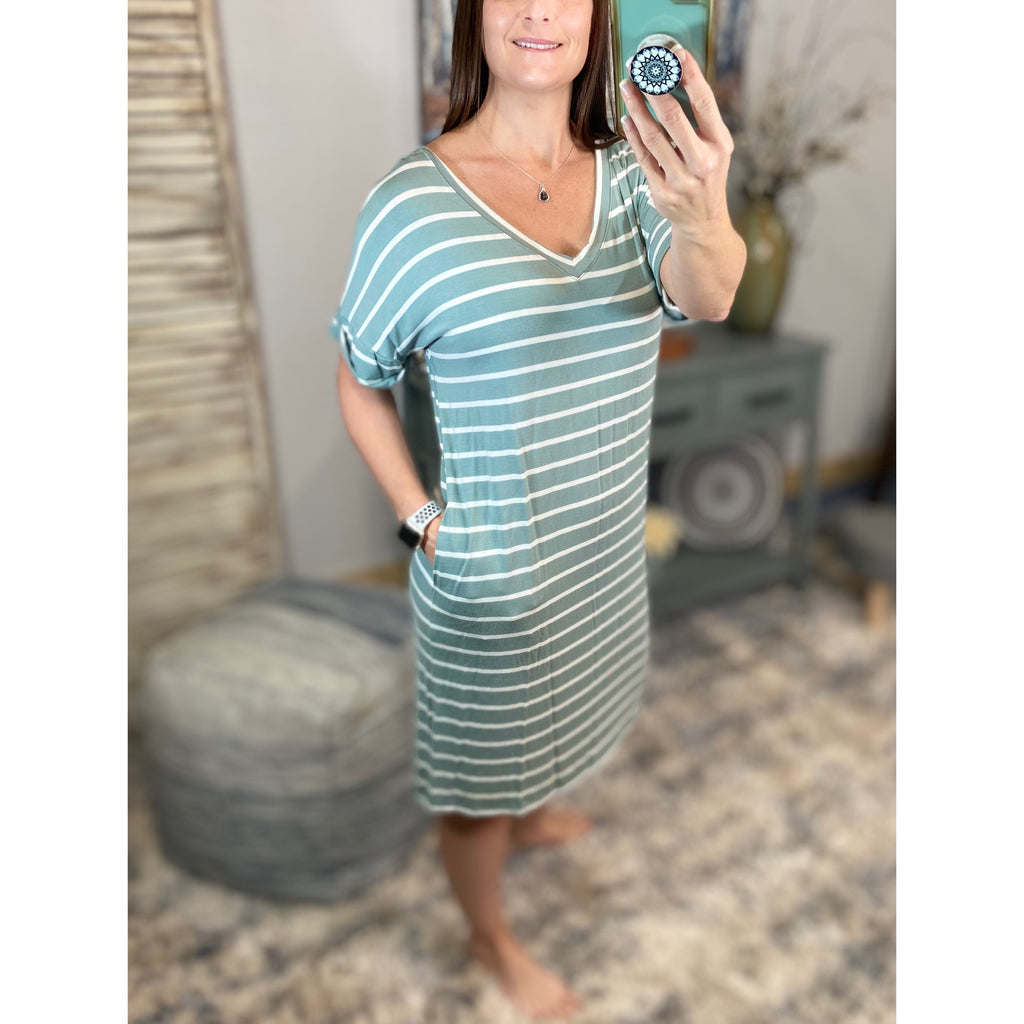 "Think Out The Box" Boxy V-Neck Striped Rolled Cuff Sleeve Pocket Summer Tee Shirt Dress Sage Green S/M/L