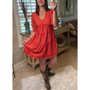 “Say You Won’t Let Go” Boho Tiered Ruffle Trim V Neck Half Sleeve Western Peasant Babydoll Dress Rust