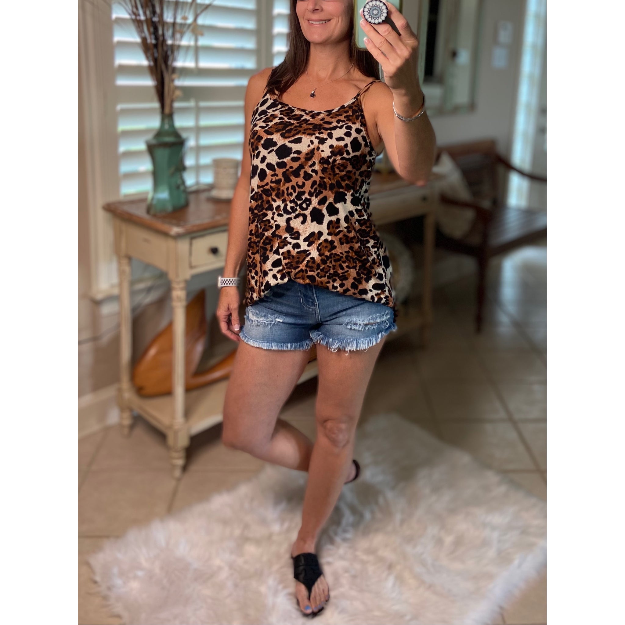 “Heat Wave” Reversible Leopard Low Scoop Or V Neck Spaghetti Strap Tank Top Brown