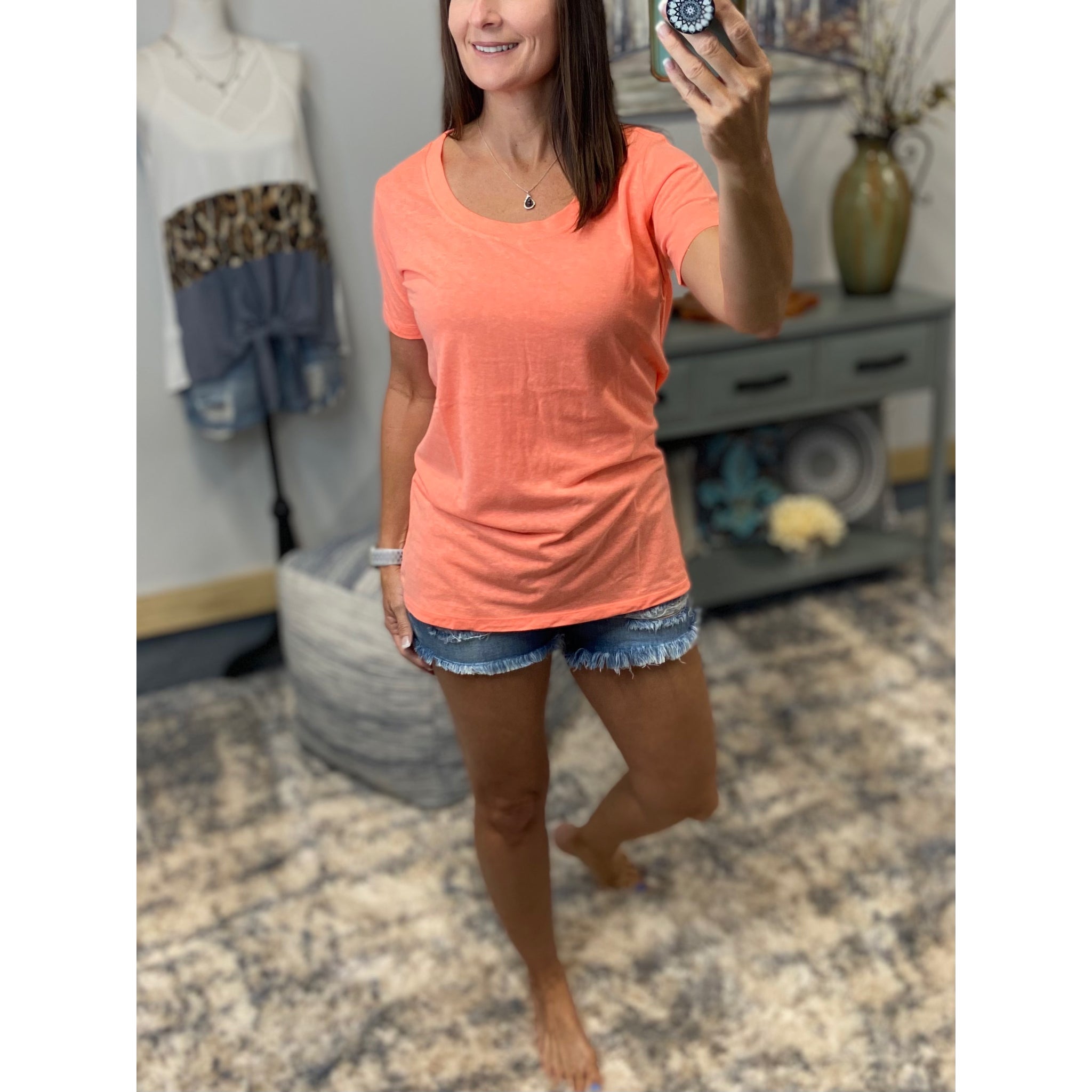 "Neon Rainbow" Loose Floaty Scoop Neck Boyfriend Tee Shirt Melange Neon Coral S/M/L