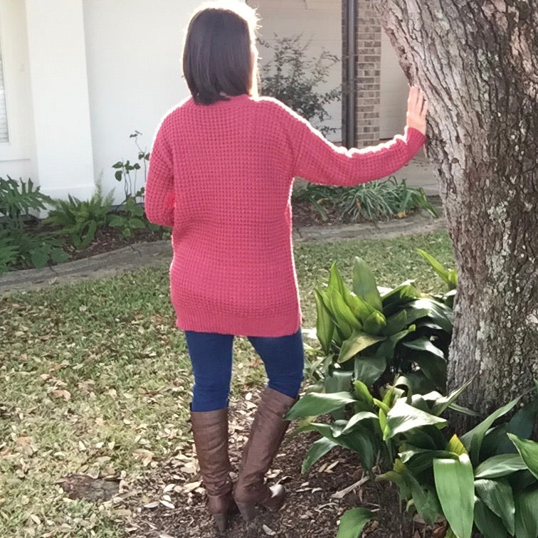 Oversized Sweater Waffle Round Neck Tunic Heavy Long Sleeve Top Cozy Twee Pink