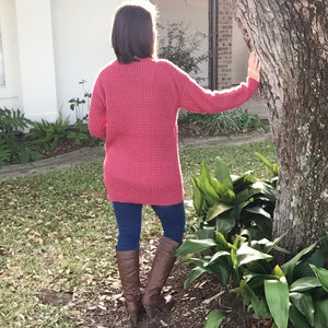 Oversized Sweater Waffle Round Neck Tunic Heavy Long Sleeve Top Cozy Twee Pink